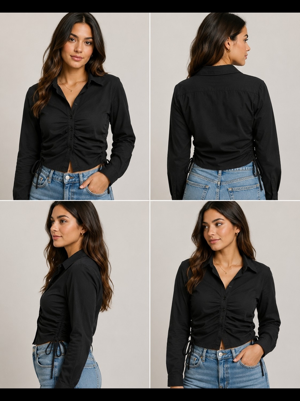 IRIS Black Ruched Button Front Crop Blouse Women's Size L Long Sleeve Stretch